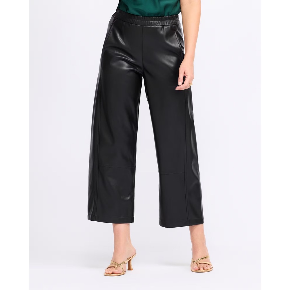 Allie Rose New Faux Leather Wide Leg Cropped Pants Black Elastic Waist Vegan